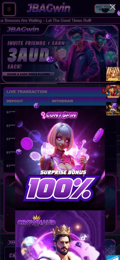 Jbagwin Casino games screen on a mobile device