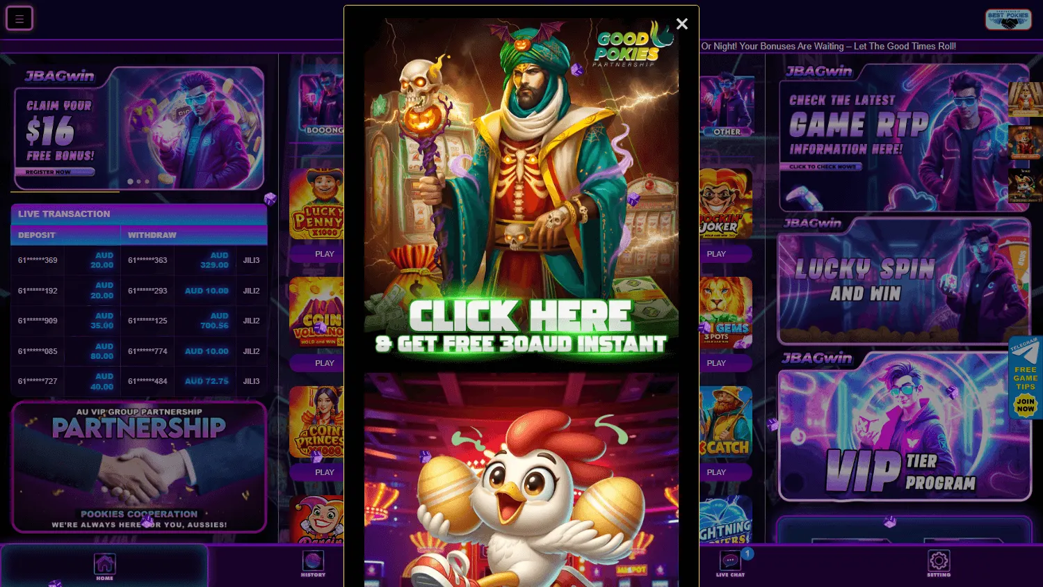 Jbagwin Casino games screen on desktop
